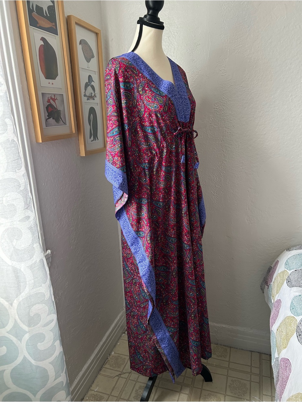 Boho Paisley Maxi Kaftan in Magenta with Blue Trim
